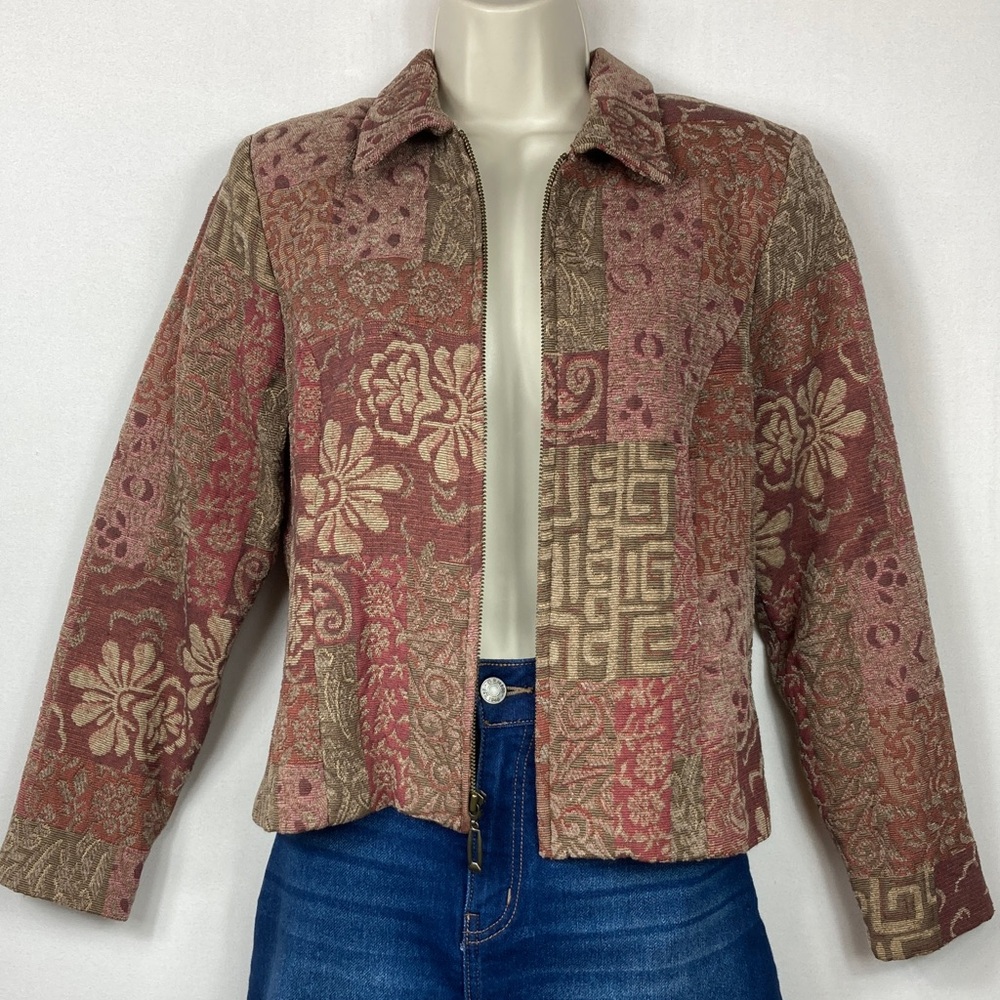 Floral Patchwork lined Zip-Front Jacket Rose Brown/Tan Petite Small 499shipping